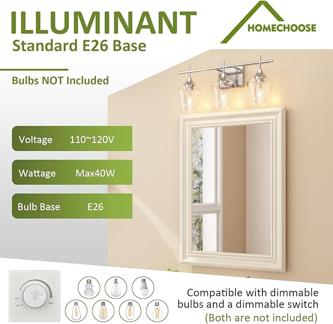 Vanity Bathroom Light, 3-Light Bathroom Light Fixtures Over Mirror, Silver Vanity Lights for Bathroom with Clear Glass, Modern Wall Lamp for Cabinet Hallway, Bedroom