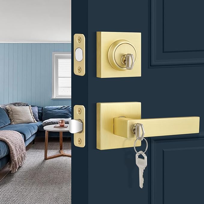 EHOMEWARE 5 Pack Satin Brass Door Handle Set with Single Cylinder Deadbolt, Entry Door Locksets with Deadbolt Modern Contemporary Square Design in Zinc Alloy Satin Brass Finish