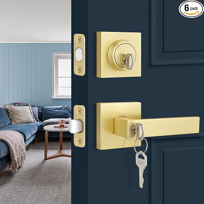 EHOMEWARE Door Handleset with Single Cylinder Deadbolt 6 Pack, Entry Lever Door Handle and Deadbolt Lock and Key Combo Pack - Heavy Duty Square Locking Lever Set for Left or Right-Handed Doors