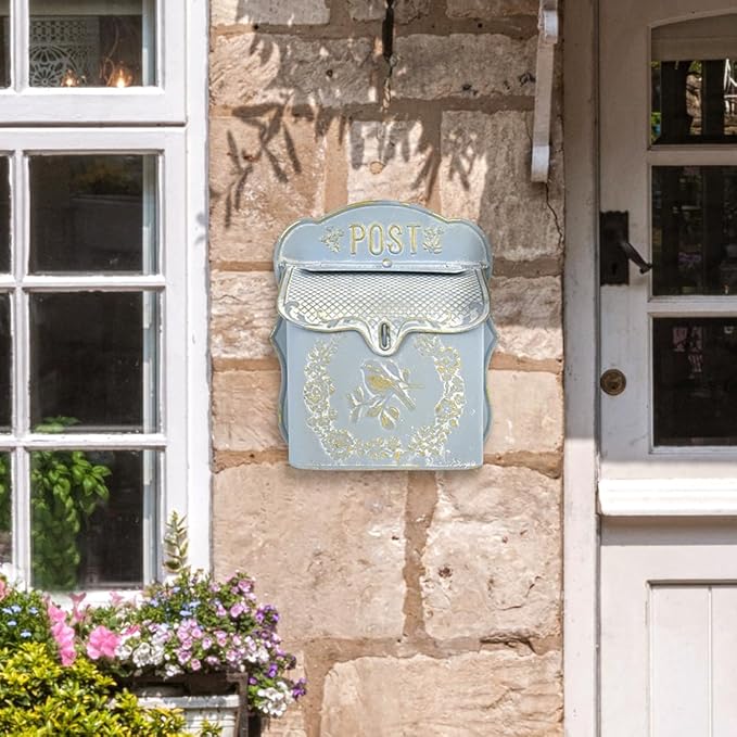 Mailbox Wall Mount Mailboxes for Outside Vintage Mail Boxes for House Outside Metal Drop Box Antique Style Nostalgic Charm Home Decorative, Bird Pattern, Blue