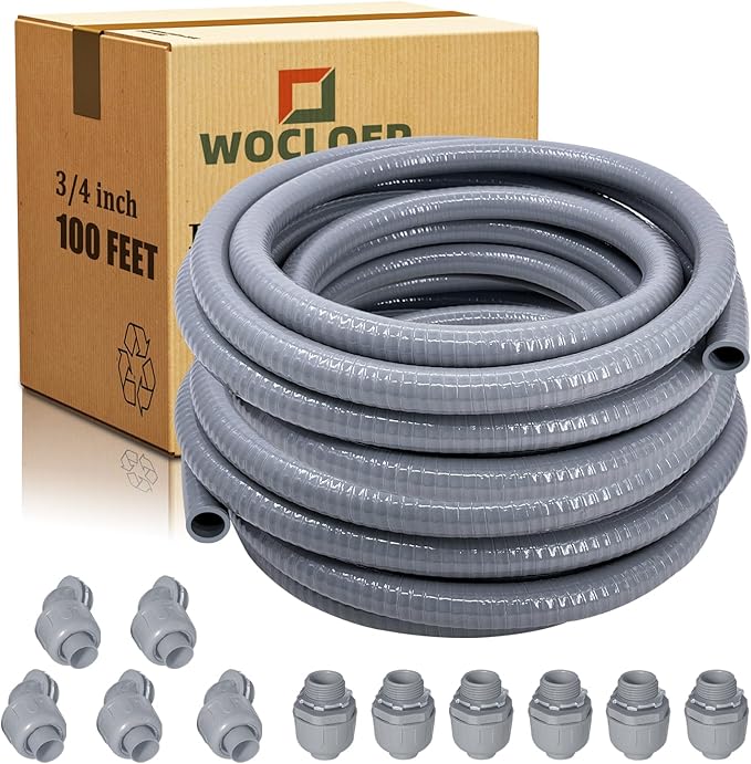 3/4 inch 100Ft Liquid-Tight Conduit Kit, Flexible Non Metallic Electrical Conduit, with 6 Straight and 5 Angle Fittings Included. 3/4" Dia