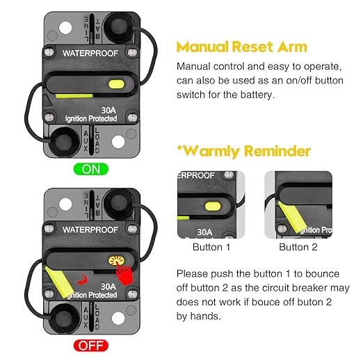 30 Amp Circuit Breaker, Huazu Inline Fuse Inverter with Manual Reset for Car Audio RV ATV Marine Boat Truck Trolling Motors 12V- 48V DC Water Proof (Surface Mount-30A)