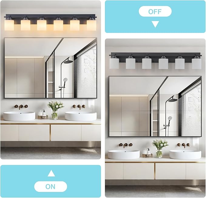 6 Light Modern Bathroom Light Fixtures Over Mirror, Black Vanity Lights for Bathroom Wall Sconces with Milky White Glass Shades, E26 Socket (Bulbs Not Included)
