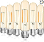 Tubular LED Edison Bulb 2200K Amber Warm Dimmable, 2W, 25 watt Equivalent, E26 LED Light Bulbs, T10 Edison Bulbs for Chandeliers, Ceiling Fan, 90+CRI 250LM, 6 Pack
