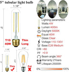 LiteHistory E26 LED Bulb 4W Equal 40 Watt Light Bulbs Daylight 5000K E26 Edison Bulb AC120V 400lm Dimmable 5 Inch T10 led Bulb Tubular for Rustic Pendant,Chandeliers,Wall sconces Pack of 6