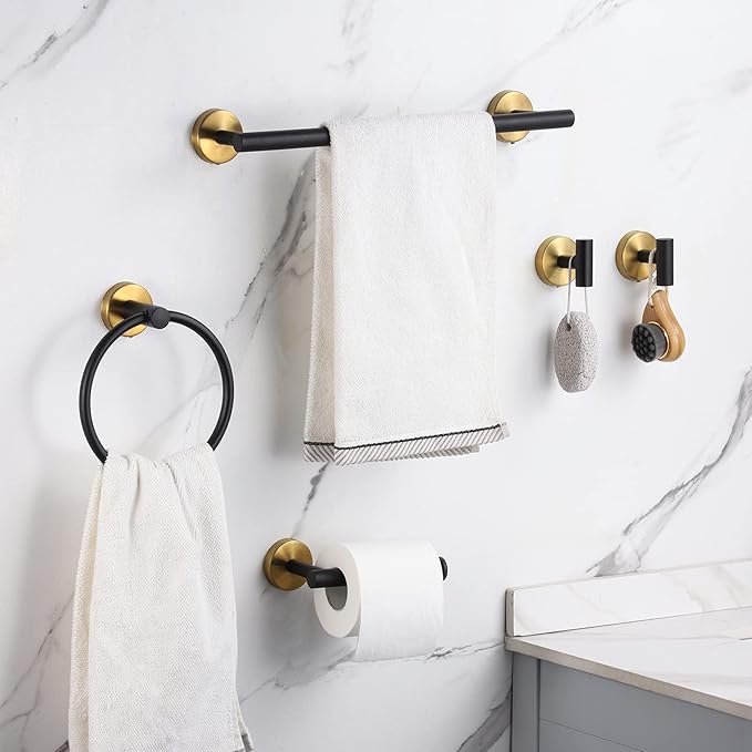 Bathroom Hardware Set Black and Gold，Towel Bar Set Including 2pcs 16inch Towel Bars, 2pcs Toilet Paper Holders, 2pcs Towel Rings and 4pcs Robe Towel Hooks