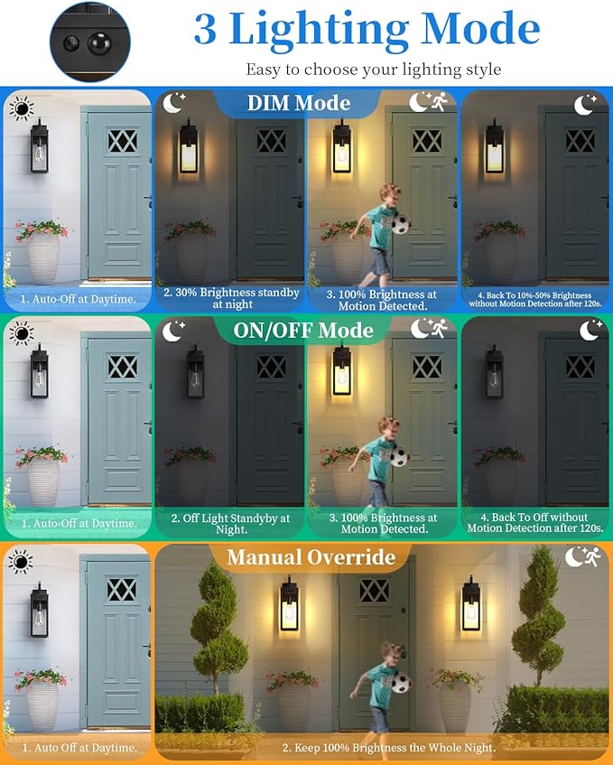 17'' Solar Porch Lights Outdoor 2 Packs, Waterproof Motion Lights for Outside, Black Dusk to Dawn Outdoor Lighting Modern Wall Sconce Lantern, Exterior Lighting Fixtures for House Patio Garage