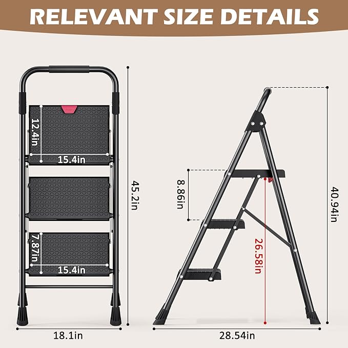 KINGRACK Step Ladder, Portable Folding Step Stool with Anti-Slip Wide Pedals, Heavy Sturdy Steel with Handrail, Safe-Lock Design, 800lbs Load Capacity, for Home and Kitchen, Black (3 Step Ladder)