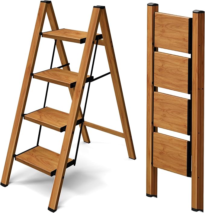 Taranta 4 Step Ladder,Aluminum Lightweight Folding 4 Step Stool with Anti-Slip Wide Pedal, 330lbs Capacity Step Ladder for Household,Kitchen,Office - Woodgrain