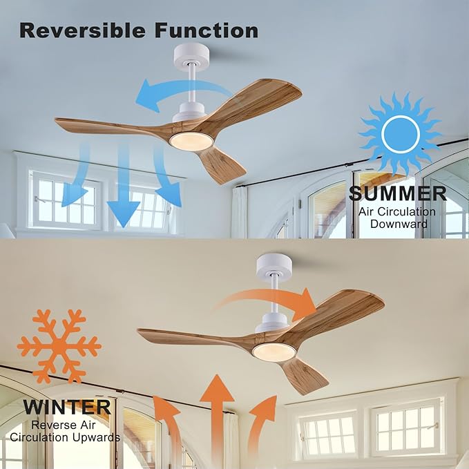 42" Wood Ceiling Fan with Lights Remote Control,Quiet DC Motor 3 Blade Ceiling Fans for Patio Living Room, Bedroom, Office,Indoor Outdoor(Raw wood+White)