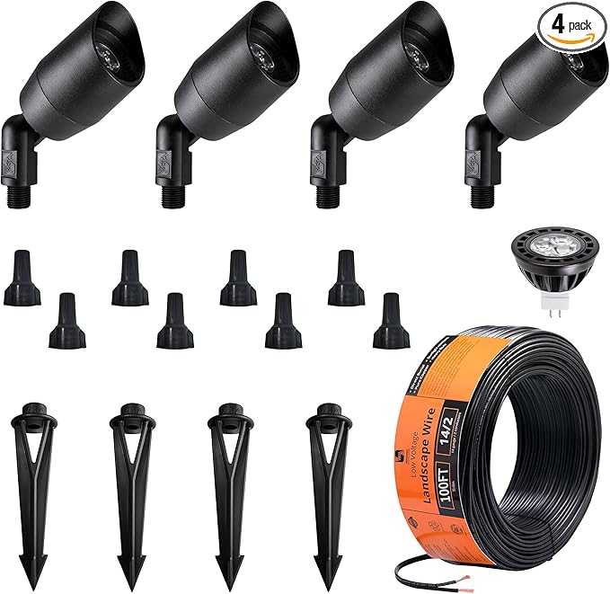 VISTA 4 Pack Cast Aluminum Landscape Spotlights, Low Voltage Landscape Lighting Spot Lights Outdoor with 4.5W MR16 LED Bulb for Yard, Garden, Lawn, Tree