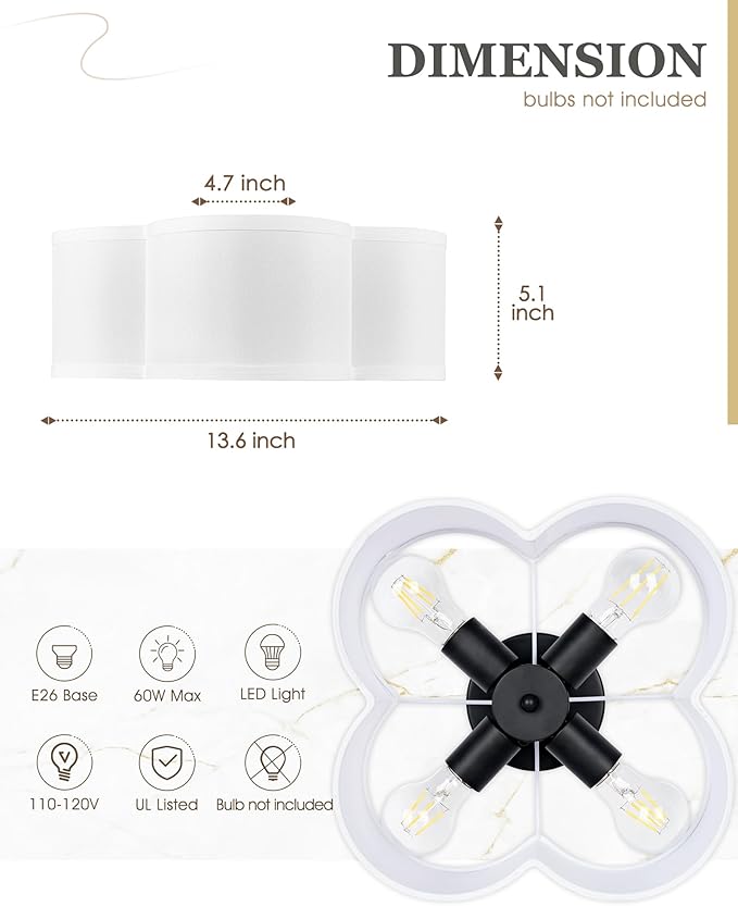 Black Flush Mount Ceiling Light, 4-Light 14Inch Light Fixtures Ceiling Mount with Fabric Shade in Quatrefoil Shape, Ceiling Light for Nursery Hallway Bedroom Kitchen, AD-22007-4C-BK