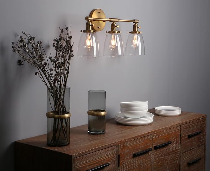 Phansthy 3-Light Wall Sconces Antique Brass Vanity Light, Industrial Wall Lamps with On Off Switch and Clear Glass Lampshade, Vintage Wall Lighting for Bathroom Living Room (Antique, Bell Shade)