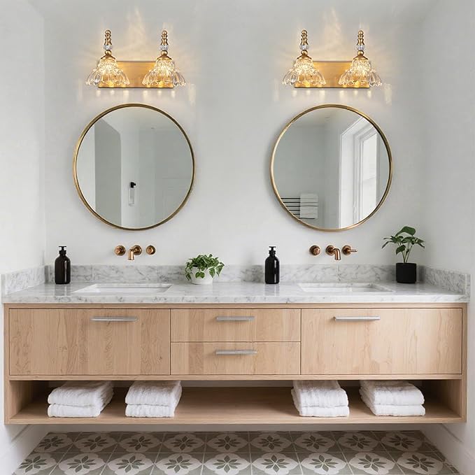 Vintage Bathroom Vanity Light, 2-Light Brass Vanity Lighting Fixture with Flower Glass Shade, Bathroom Lighting Fixtures Over Mirror