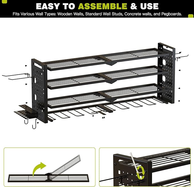 Power Tool Organizer Wall Mount,Cordless Drill Organizer,4 Layers Large Capacity Tool Rack with 8 Drill Holders (BLACK)