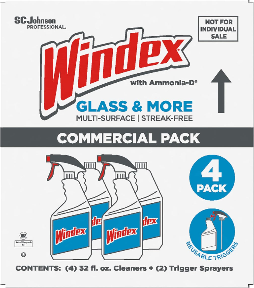 SC Johnson Professional Windex Original Glass Cleaner, Fresh Scent, 32 oz Spray Bottle, 4/Carton (327171)