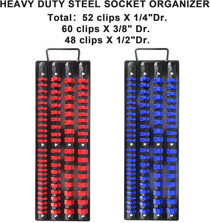 CASOMAN 80-Piece Portable Socket Organizer Tray, 2 Pcs Set, Blue & Red, 1/4-Inch, 3/8-Inch, 1/2-Inch,Heavy Duty Socket Organizer, Black Rails, Blue & Red Clips