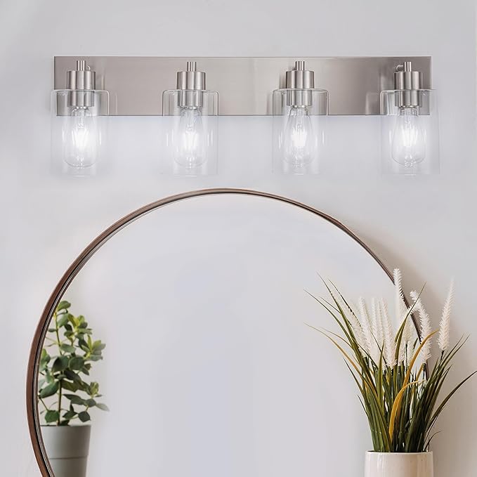 4-Light Bathroom Vanity Light Fixtures, Modern Bathroom Light Fixture with Clear Glass Brushed Nickel Finish Vanity Lights Over Mirror for Kitchen Bedroom Living Room