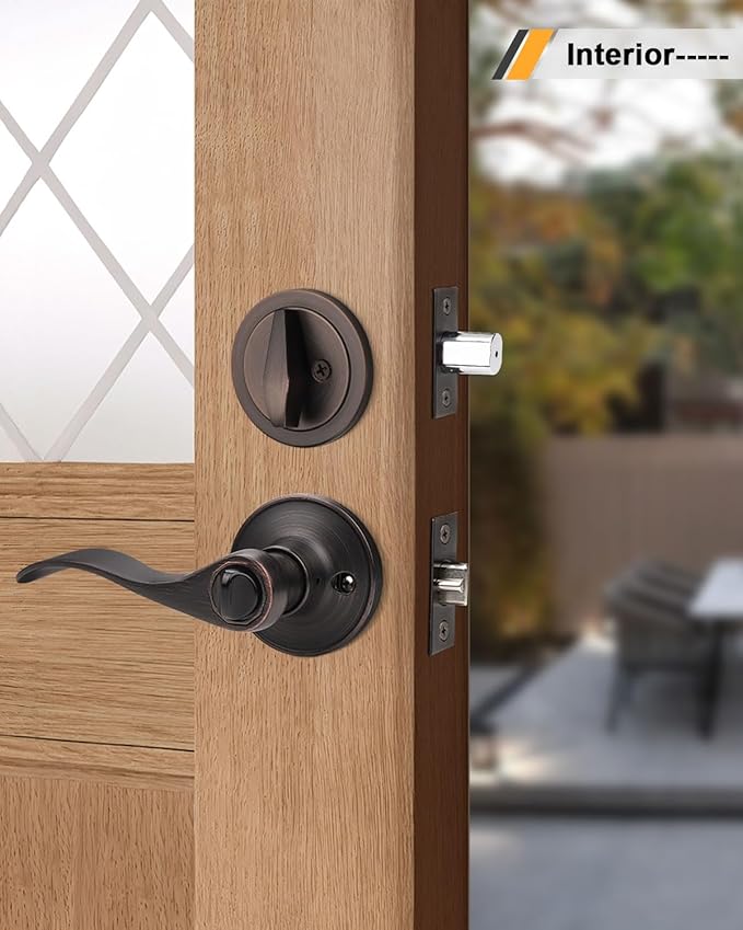 Gobrico 4 Sets Front Entry Door Levers and Single Cylinder Deadbolt Combination Locksets, Oil Rubbed Bronze Keyed Alike Exterior Door Handleset with Deadbolts in Wave Style