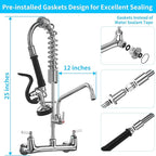 Commercial Faucet with Sprayer 8 Inch Center 25" Height Wall Mount Kitchen Sink Faucet Add On 12" Spout and Pull Down Pre Rinse Sprayer Faucet for 1, 2 or 3 Compartment Sink (Polished Chrome)