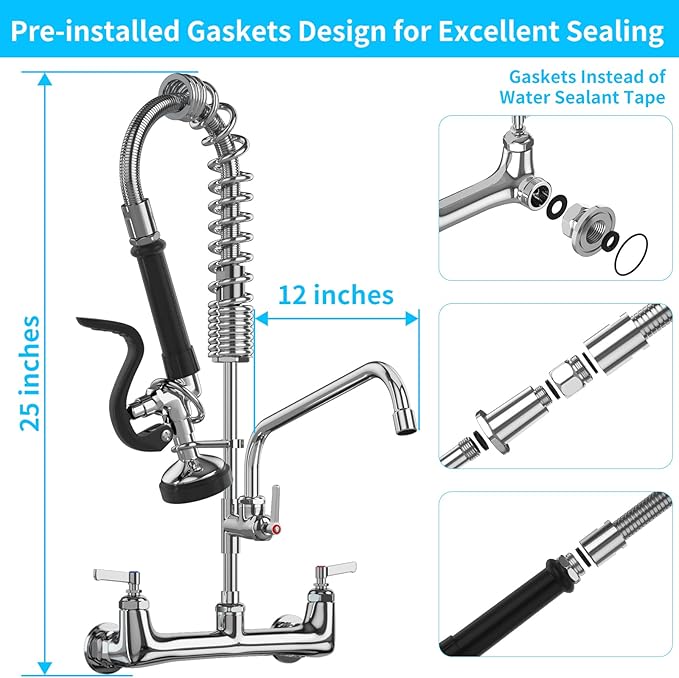Commercial Faucet with Sprayer 8 Inch Center 25" Height Wall Mount Kitchen Sink Faucet Add On 12" Spout and Pull Down Pre Rinse Sprayer Faucet for 1, 2 or 3 Compartment Sink (Polished Chrome)