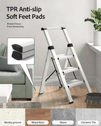 Taranta 3 Step Ladder, Lightweight Aluminum Step Stool with Convenient Handgrip, Folding Ladder with Anti-Slip Pedals, 330lbs Capacity Stepladder for Home, Office, Kitchen - White