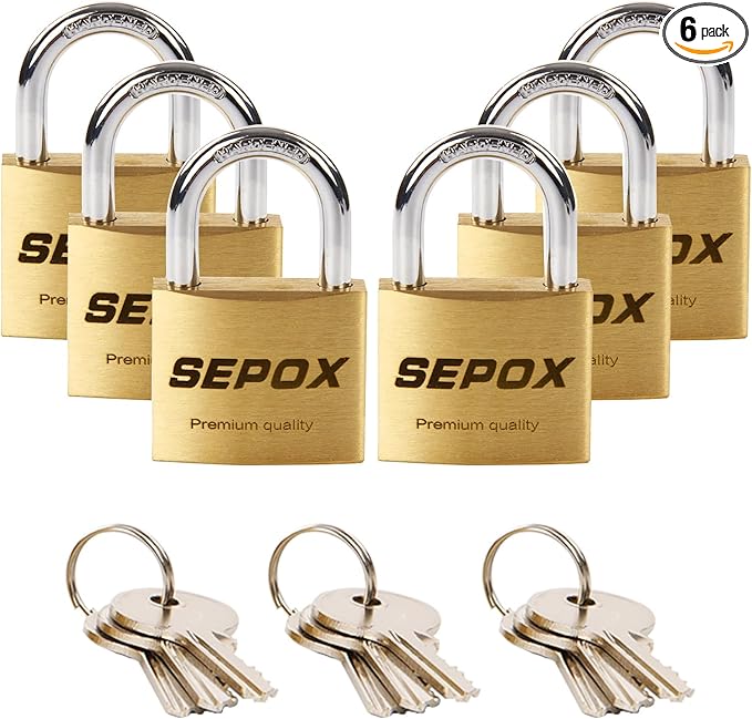 SEPOX® 6 Pcs Pack Heavy-Duty Solid Brass Padlocks with Same Keys 9 Pcs, Weather Proof Body 40mm 1-9/16", Anti-Rust & Anti-Cut Shackle, Outdoor Lock Keyed Alike for Gates, Shed, Fence, Gym Locker