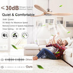 42" Wood Ceiling Fan No Lights with Remote Control，Wooden 3 Blades Ceiling Fans Without Light for Patio,Garage,Living Room,Bedroom,Office,Indoor/Outdoor(Nickel+Raw wood)