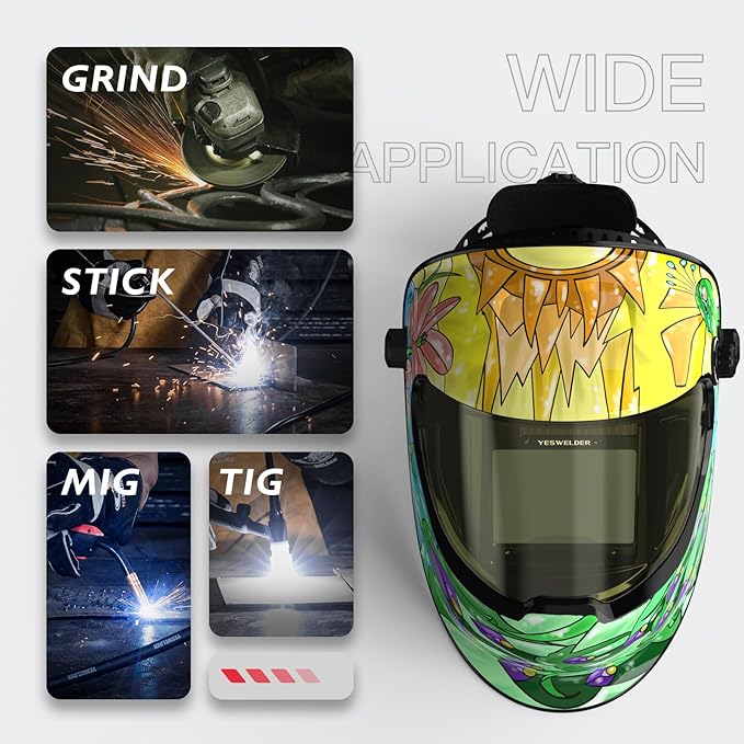 YESWELDER Auto Darkening Welding Helmet with SIDE VIEW, 180° Panoramic View, 1/1/1/1 True Color Solar Powered Welder Hood, Wide Shade 3/5-9/9-13 Welder Mask for TIG MIG ARC CUT and GRIND, LYG-Q800D