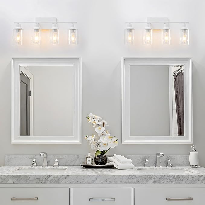 4 Light White Bathroom Light Fixtures Vanity Light Over Mirror Modern Wall Lighting Sconces Rustic Industrial Wall Lamp for Bathroom, Bedroom, Living Room E26 Socket with Glass Shade