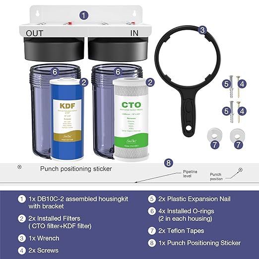 SimPure Whole House Water Filter System, 2 Stages Clear Home Water Pre-Filtration with Carbon and KDF Filters, Reduce Iron, Chlorine, Manganese, Lead, Heavy Metals, 1" NPT Brass Port(DB10C-2KDF)