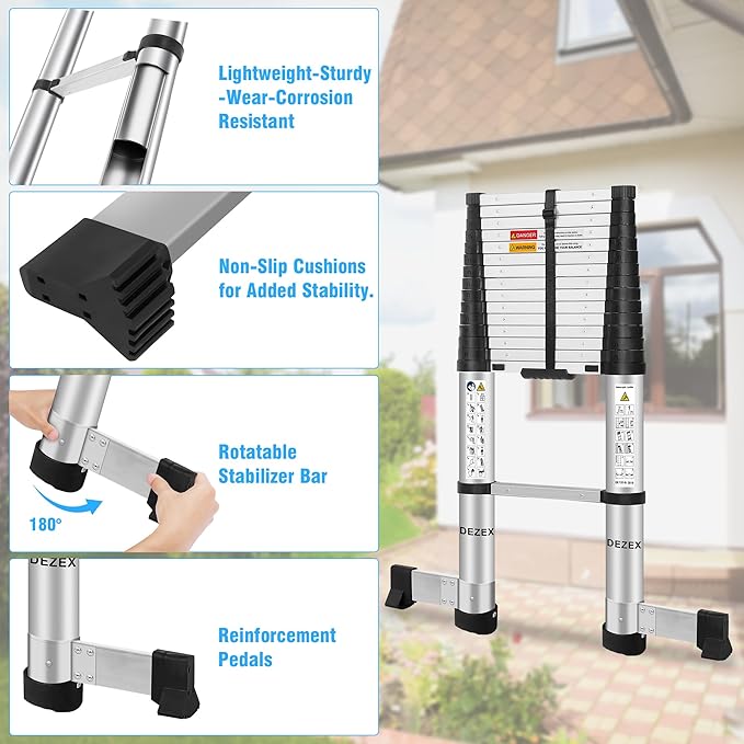15.5 FT Aluminum Telescoping Ladders - One-Button Retraction Collapsible Extension Ladder for Home,RV,Attic,Lasts 330 LBS with Swivel Feet and Non-Slip Cushion