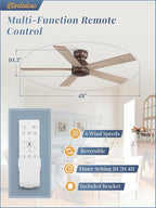 48 Inch Low Profile Ceiling Fan without Lights, Brown Farmhouse Ceiling Fan no Light, 6-Speeds, Quiet Reversible DC Motor, Indoor/Outdoor Ceiling Fans with Remote for Patio, Living Room, Bedroom