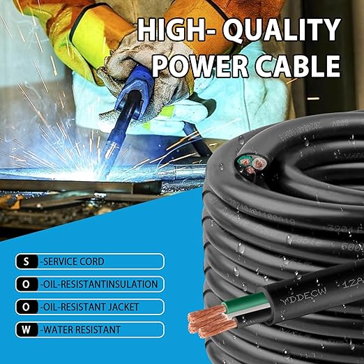 25ft 12/3 12 AWG Portable Power Cable (3 Conductor) - SOOW 600V 12 Gauge Electric Wire for Motor Leads, Portable Lights, Battery Chargers and Machinery - 3 Conductor - 25 Feet Electrical Cord