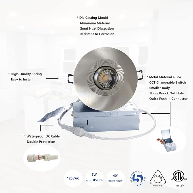 Premium Canless Recessed Gimbal Downlight Rotatable-Spotlight 5 CCT Eyeball Ceilling Potlight, Dimmable Lights Fixture with Junction Box, 8W CCT Adjustable (Brushed Nickel, 4 Inch)