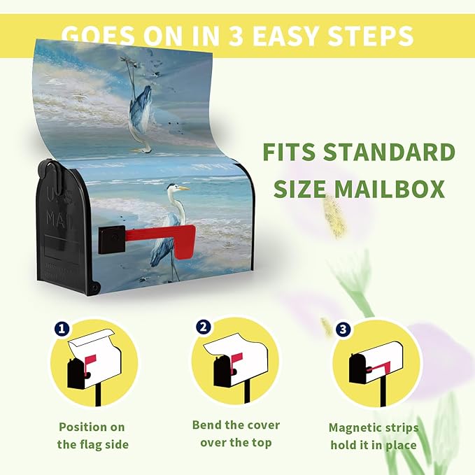 Heron Beach Mailbox Covers Summer Nautical Blue Mailbox Cover Magnetic Standard Size 21x18 Inch Coastal Sea Bird Letter Post Box Wraps Decor for Garden Yard