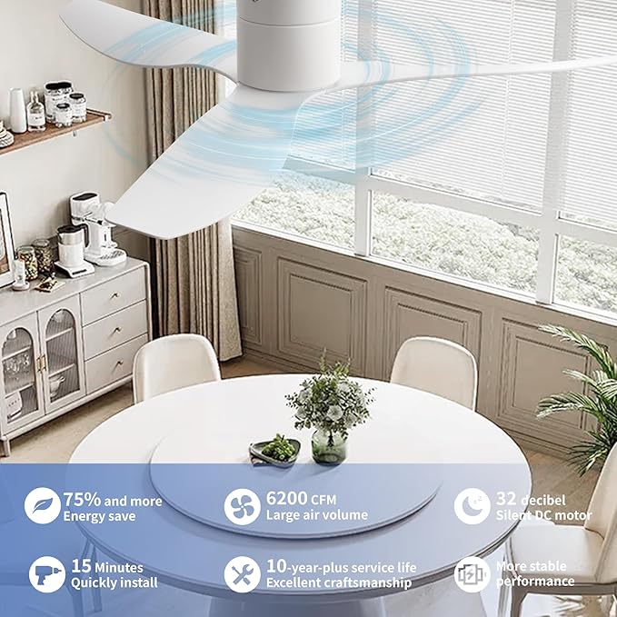52-Inch White Ceiling Fan Without Light, Modern Low-Profile Flush Mount Fan with Remote, 6-Speed Reversible Quiet DC Motor,for Balcony, Living Room, Bedroom (No Light)