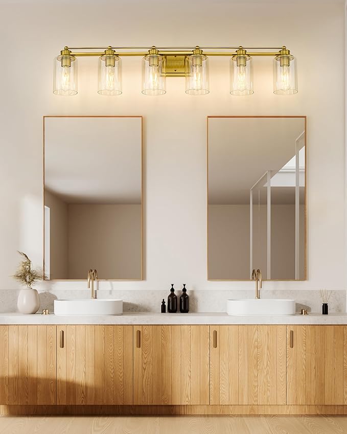 6 Light Bathroom Vanity Light, HWH Brushed Gold Light Fixture Bathroom Wall Vanity Lights, Modern Brass Vanity Lights Over Mirror with Clear Glass Shade, 5HLT63B-6W BG
