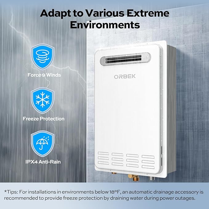 Propane Tankless Water Heater Outdoor - ORBEK 120,000 BTU Up to 5.1 GPM Outdoor Installation - CSA Certified On-Demand Instant hot Water Heater 3/4" NPT Connector Size