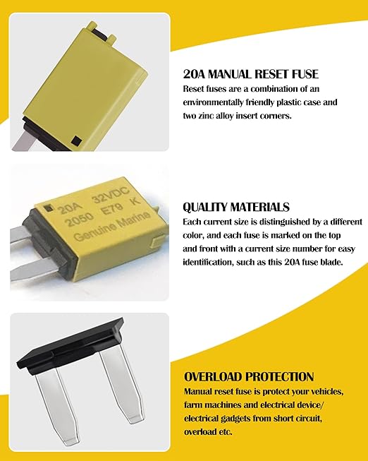 20A Low Profile Mini Fuse Kit– Automotive 20A ATM Manual Reset Circuit Breaker Fuses for Boat, RV, Car, Truck, DC 12V/32V 20 Amp Manual Resettable Blade Assortment Kit with Resettable Fuses