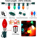 25FT C7 Christmas Decorations Lights, Vintage Christmas Lights String, Multicolor Christmas Tree Lights, Xmas Light for Outdoor Indoor Holiday Decorations with 27 Colorful Ceramic Bulbs (2 Spare Bulb)