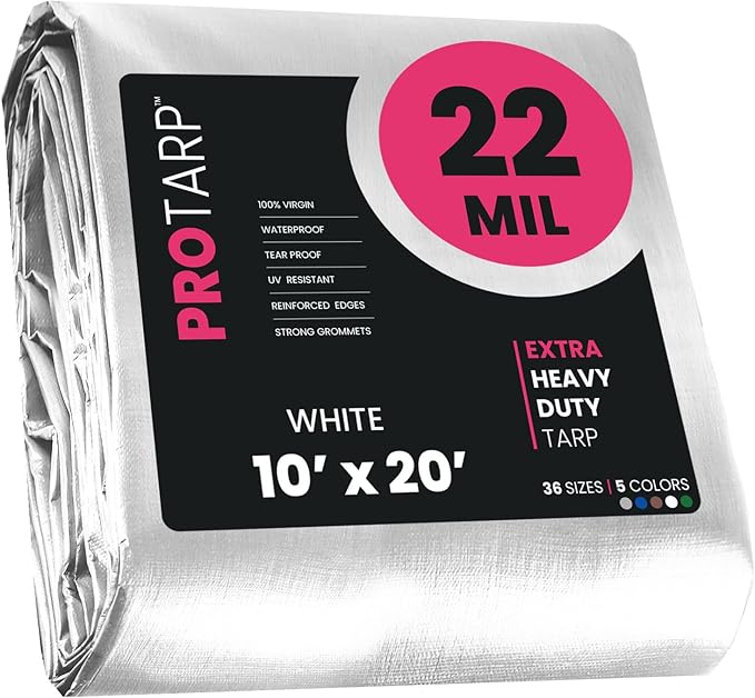 PROTARP Extreme Heavy Duty 22 Mil Tarp Cover, Waterproof, UV Resistant, Rip and Tear Proof, Poly Tarpaulin with Reinforced Edges for Roof, Camping, Patio, Pool, Boat. (White 10′ X 20′)