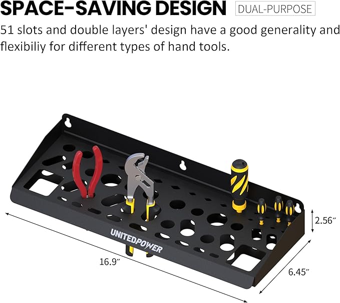 UNITEDPOWER Wall Mount Tool Storage Rack, Screwdriver Holder, Pliers Organizer, Wrench Utility Shelf, 51 Holes for Variety of Small Hand Tools, Workshop, Shed, Garage, Home