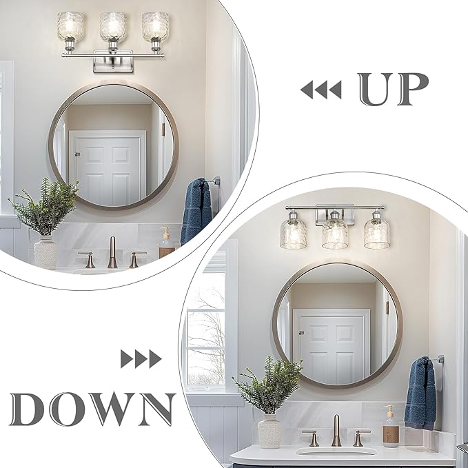 zeyu 20.8'' Modern Bathroom Vanity Lamp, 3-Light Wall Mirror Light for Bathroom, Brushed Nickel Finish with Clear Hammered Glass, ZJF63B-3W BN