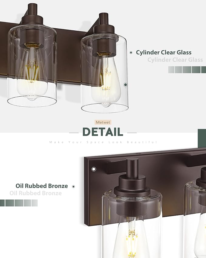 4-Light Bathroom Light Fixtures, 24.5 Inch Oil Rubbed Bronze Vanity Lights with Cylinder Clear Glass Shade, Modern Vanity Lighting Fixtures Over Mirror, VL143-ORB-4