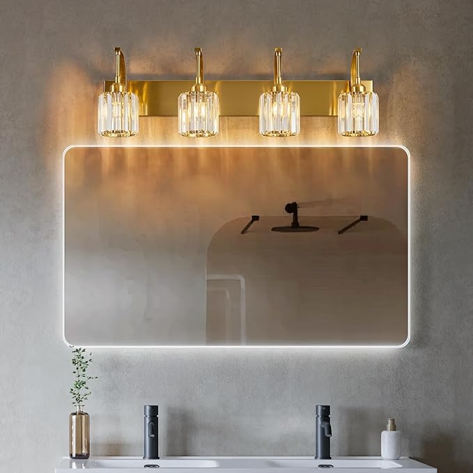 4-Light Crystal Vanity Light, Modern Gold Bathroom Wall Sconce with K9 Crystal Shades, 32.67" Long Over Mirror Lighting for Vanity, Makeup, Hallway, Elegant & Easy Install