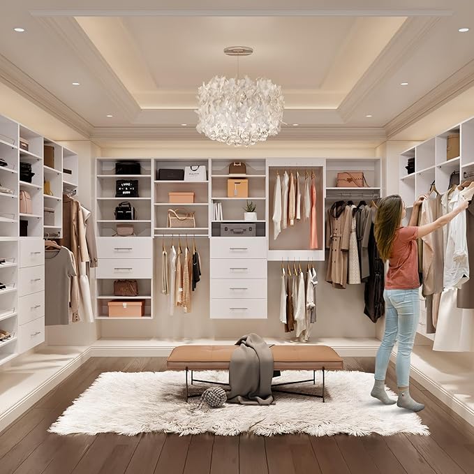 ROOMTEC Modular Closet System, 84" Wall-Mounted Closet Organizer with Hanging Rods and Shelves, Wooden Tower for Walk-In Closets, Wardrobe Storage Kit, White