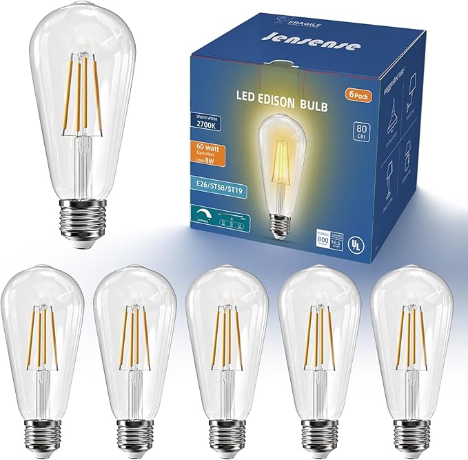Jensense Vintage LED Edison Bulbs 8Watt Dimmable Light Bulbs 2700K Warm White, E26 LED Bulb 60watt Equivalent, Vintage Bulbs 800lm CRI 90 Clear Glass 6 Packs