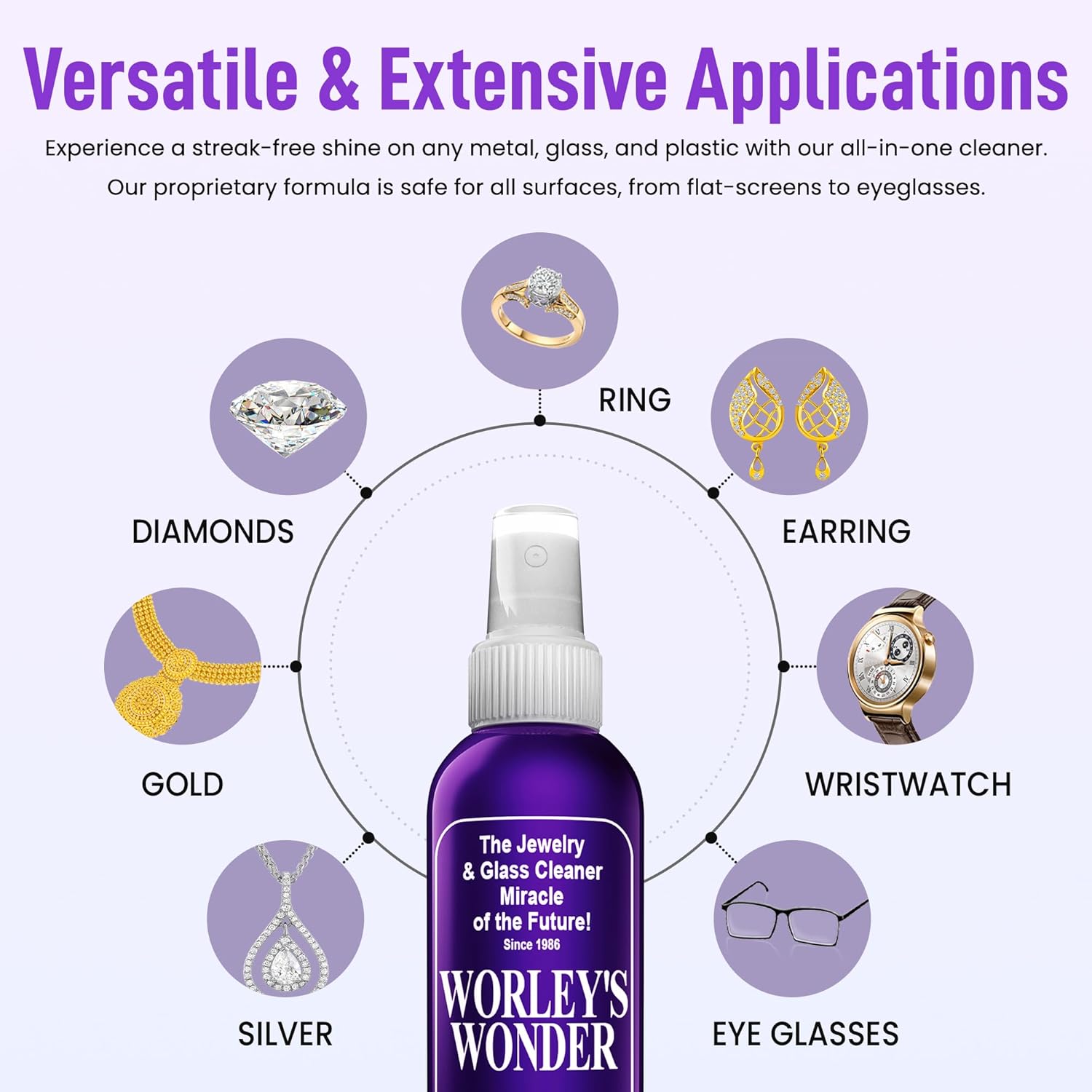 Worley's Wonder Jewelry & Glass Cleaner (8 Ounce Spray Bottle) - Jewelry Cleaner Spray for Gold, Silver, Diamonds, Gemstones, Glass, Marble, Electronics (Pack of 1)