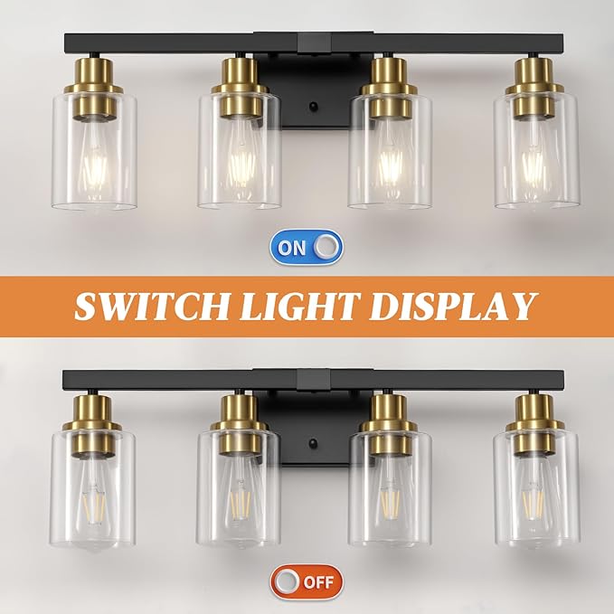 Bathroom Vanity Light, 4-Light Black and Gold Bathroom Light Fixtures with Clear Glass Shade, Bathroom Lighting Fixtures Over Mirror,Bath Black Wall Lights for Mirror Bedroom,Living Room